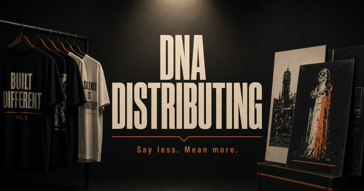 DNA Distributing. Say less. Mean more. Tees on a rack beside grindhouse posters.